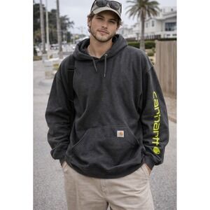 Carhartt Men's Dark Gray Logo Sleeve Pullover Hoodie Sweatshirt     R